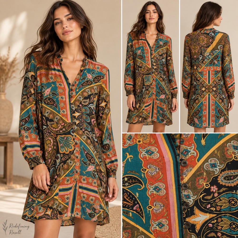 Zara Womens Paisley Button Front Mini Shirt Dress Multicolor Gold Shimmer M